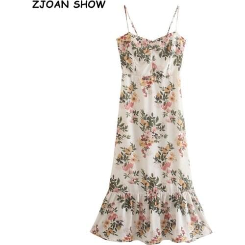 Summer Vintage French Style Leaves Flowers Women Dress Spliced Ruffles adjustable Strap Sleeveless Sexy Beach Dress Holiday