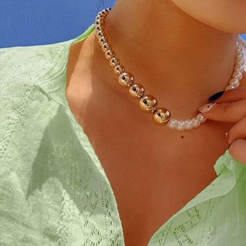 Korean Simple Geometric Pearl Choker Necklace For Women Metal Beads Vintage Fashion Punk Necklace Charms 90s Aesthetic 2021