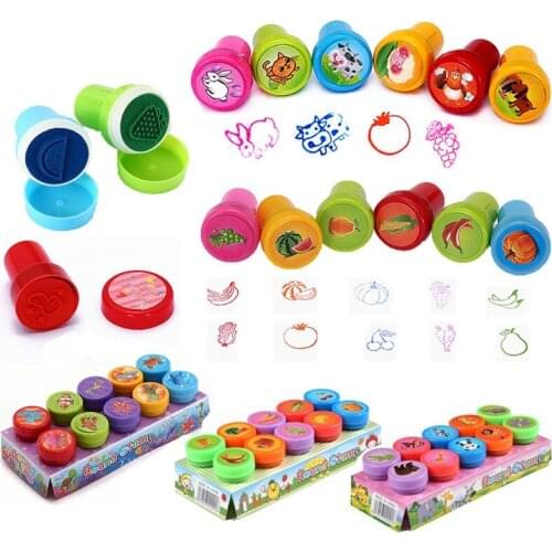 10pcs/Set Children Toy Stamps Children Custom Plastic Rubber Self Inking Stampers Animals Fruits Kids Seal Scrapbooking Stamper