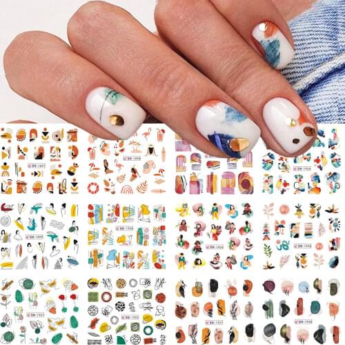 12pc Abstract Autumn Waterdecal Nail Slider Sexy Lady Face Lines Leaves Stickers For Nails Art Manicure Decoration BEBN1897-1908