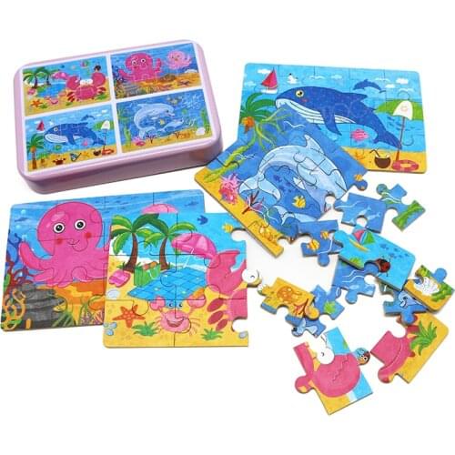 4 in 1 Cartoon 3D Puzzle Metall Eisen Box Reibungslos Holz Puzzle Montessori Lernspielzeug Kinder Kinder Holzspielzeug