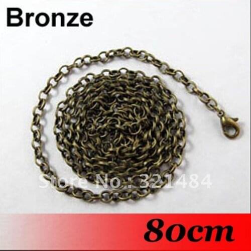 Free Ship! 100PCS 3mm 80cm Antique bronze Metal Jewelry Link Rolo Chain Necklace With Lobster clasp