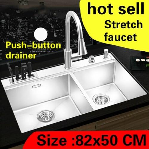 Free shipping Apartment kitchen manual sink double groove luxury stretch faucet 304 stainless steel big hot sell 820x500 MM