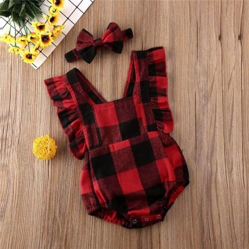 Newborn Baby Boys Girls Christmas Clothes backless Ruffle Geometry square collar sleeveless Bodysuit plaid Headband 2pc Outfit