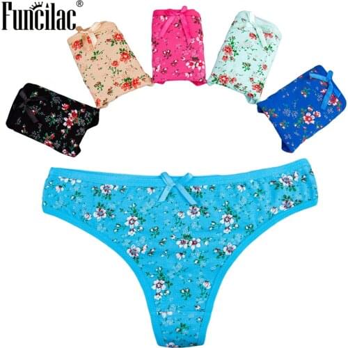 FUNCILAC Thong for Women Sexy Floral Print G String Girls T-back Soft Panties Cotton Briefs Ladies Bikini Lingerie Hot 5 Pcs/Lot