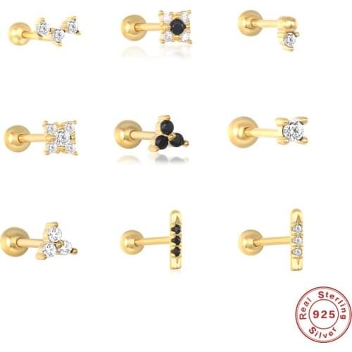 GS 925 Sterling Silver Piercing Stud Earrings For Women Shiny Black Clear Zircon Earring Pendientes Cartilage Earlobe Buckle 1PC