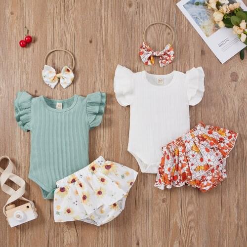 Summer Three Piece Baby Girls Clothes Fashion Solid Color Fly Sleeve Bodysuit and Ruffle Flower Shorts with Headband Outfit