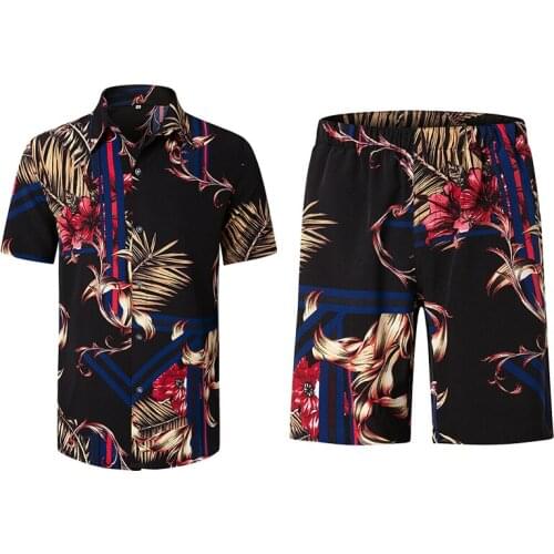 Summer Japanese Short-Sleeved Set Male Korean Version Of The Trend Loose Hawaiian retro handsome Seaside Flower Shirt+Shorts