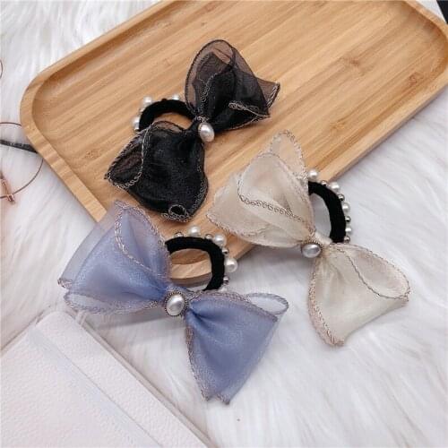 Korean Sweet Girl Temperament Chiffon Lace Bow Pearl Rubber Band Hair Rope Fashion Womens Ponytail Hair Accessories