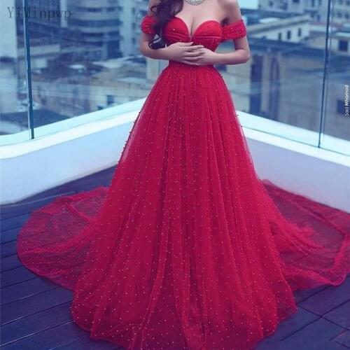 YiMinpwp Red Formal Evening Dresses for Women Off Shoulder Lace up Back Sweep Train Pearls Long Prom Party Celebrity Gown