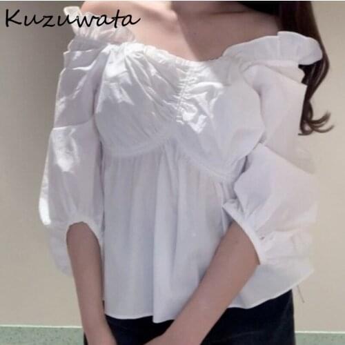 Kuzuwata Sexy Slash Neck Irregular Fungus Shirts 2021 Spring Summer New Design Fashion Woman Clothing Slim Waist Thin Blouses