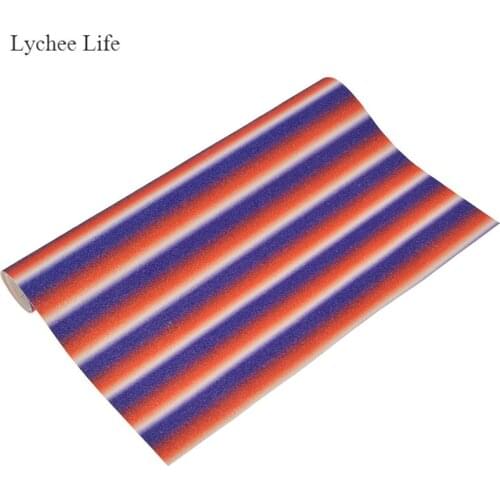 Lychee Life A4 21x29cm Red White Blue Stripe Printed Fabric Glitter Artificial Vinyl PU Leather Fabric DIY Sewing Craft