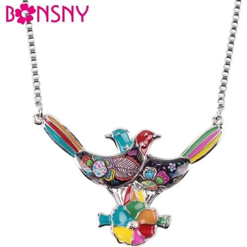 Bonsny Statement Maxi Alloy Enamel Bird Flower Choker Necklace Chain Pendant Collar 2017 Fashion New Enamel Jewelry Women