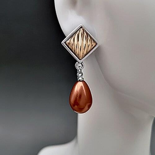 Fashion Plated Rose Gold Two Color Rhombuses Ear Studs Antique Pearl Charm Geometric Drop Earrings Vintage Exquisite Jewelry