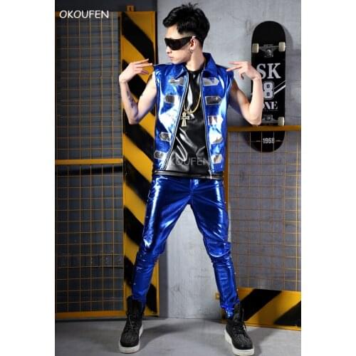 Fashion New Men Blue PU Leather Vest costumes nightclub bar singer dj dance wear stage performance costume