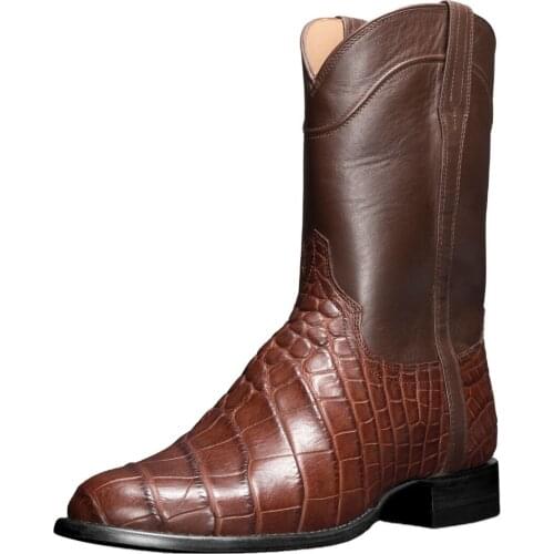 2021 Brand Design Cowboy Boots Black Brown Faux Leather Ankle Boots Retro Men Crocodile Pattern Western Footwear Big Size 48