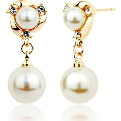 New White Sleek Simulated Pearl Ball 3 Shiny Crystal Dangle Earrings Fashion Women Golden Drop Earrings