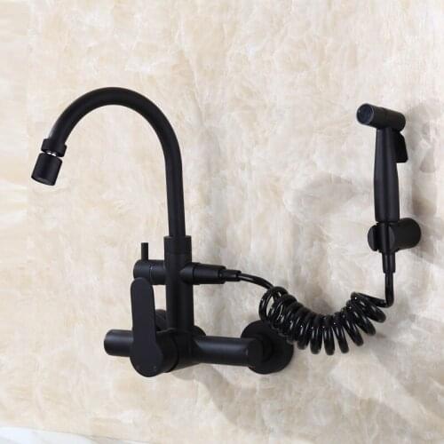 Kitchen Faucet Hot & Cold Sink Mixer Tap Washing Basin Wall Mounted With Spray Gun Outdoor Faucet Mop Pool Laundry Pool Tap