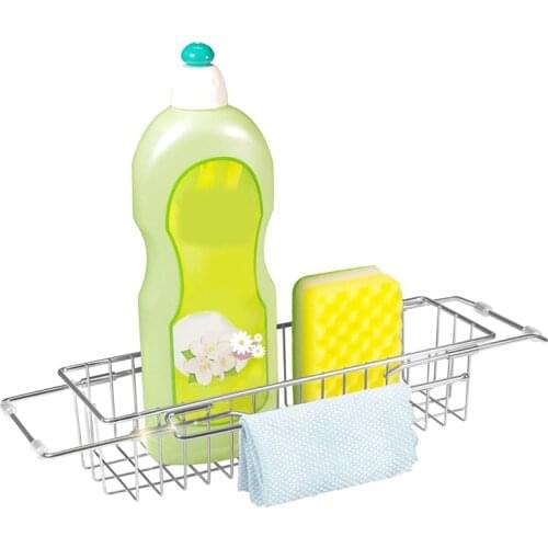 Telescopic Sink Storage Rack, Kitchen Sink Caddy with Towel Drying Rack, Sink Basket with Dishcloth Hanger