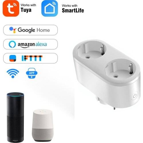 Tuya Smart Wifi 16A Smart Power Socket EU 2 in 1 Dual Plug Timing Function Voice Control Work With Alexa Google Home