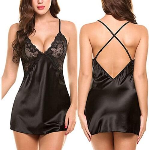Womens Nightdress 2020 Hot Female Sexy Lace Sling Lingerie Nightwear Attractive Sleepwear Tops Charming 2XL Nightdress+ Thong