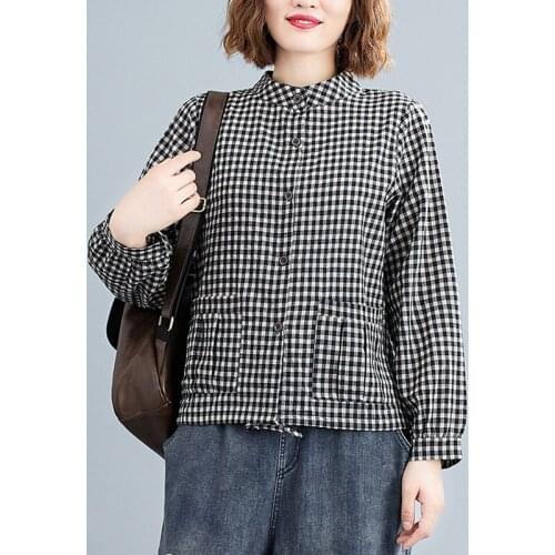 Women Cotton Linen Casual Shirts New 2021 Autumn Vintage Style Stand Collar Plaid Print Loose Female Long Sleeve Tops B1013