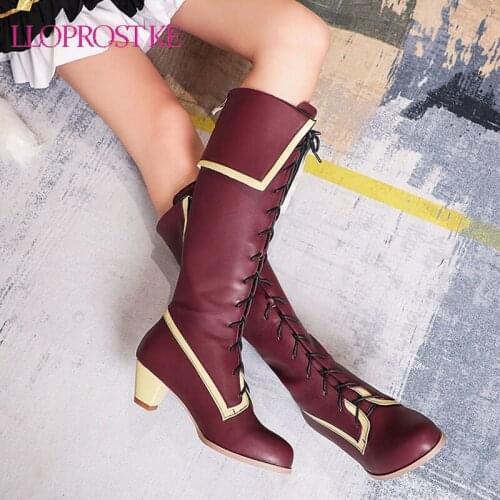 Lloprost ke Lolita Women Costume Anime Cosplay Boots Knee High 2020 Winter Shoes Med Heels Riding Knight Long Boots Large Size