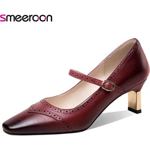 Smeeroon 2021 Vintage Genuine Leather Shoes Women Pumps Buckle Classic Spring Summer Single Shoes Ladies Casual Shoes