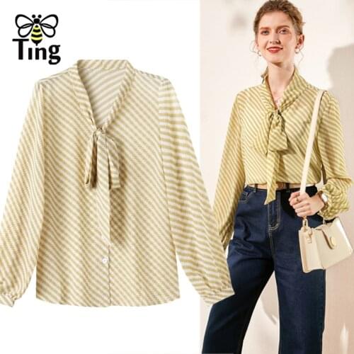 Tingfly Women Casual Summer Light Bowknot Collar Chic Chiffon Blouses Female Shirts Striped Streetwear Long Sleeve Blusas Tops