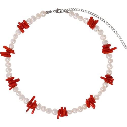 Four Season Women Delicate Necklace Real Freshwater Pearl Red-coral Beaded Semi-Baroque Pearl Irregular Party Necklace Choker