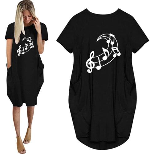Music Note Moon Graphic Print Women Casual Loose Dress With Pocket Ladies Fashion O Neck Long Tops Female T Shirt Dress
