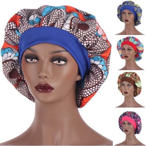 African Pattern Women Satin Hair Protection Night Sleep Caps Hair Care Elastic Headband Hairdressing Shower Hat Bonnet Chemo Hat