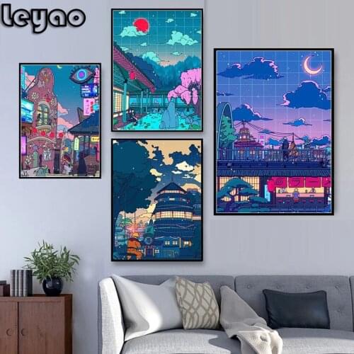 Diamond Wall Art 5d Diamond Painting Cartoon View Street Poster Home Decor Night Tree Cute Painting For Bedroom Modular Picture