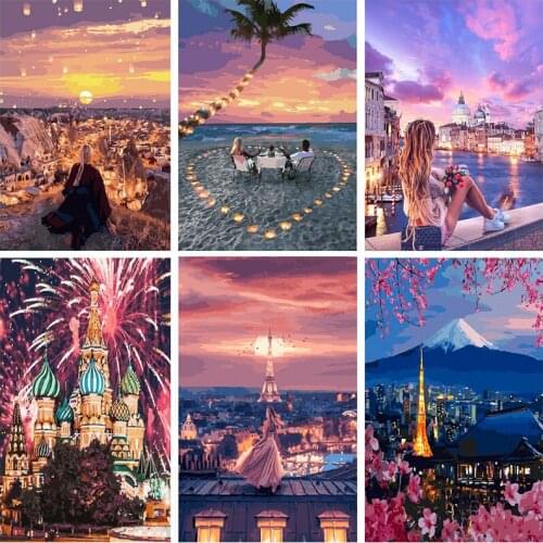 LUOVIZEM New DIY 5D Diamond Painting Iron Tower Sunset Scenery Embroidery Full Square/Round Drill Home Decor Painting