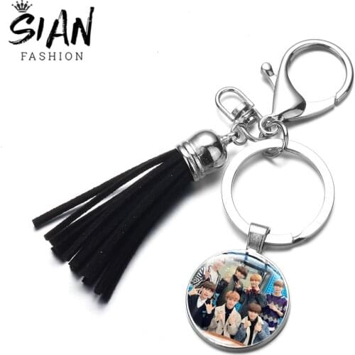 SIAN Kpop Stray Kids Keychain Korean Mens Team Youth Group Series Glass Pendant Leather Tassel Key Chain Holder Fans Souvenirs
