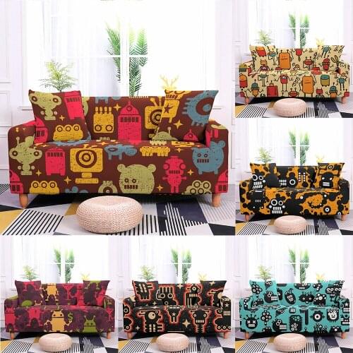 Seamless Pattern Sofa Cover Cartoon Robot Monster Slipcover For Living Room Sectional L Shape 1/2/3/4 Seat Sofa Chair Protector