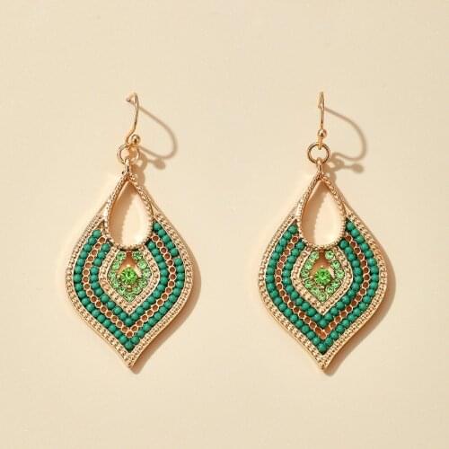 Docona Bohemian Rhombus Beads Drop Earrings for Women Vintage Green Rhinestone Hollow Geometric Party Gift Jewelry 15169