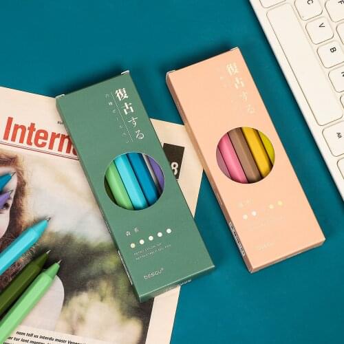 JIANWU 5 Pcs Retro Color Hand Account Gel Pen 0.5mm Color Ink Retractable Press Ballpoint Pen School Supplies Kawaii Stationery