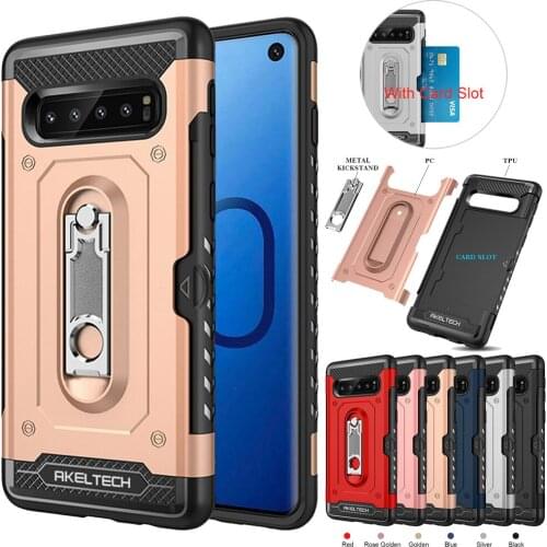 For Samsung Galaxy S10 S10+ Plus Case Hybrid Armor Case With Metal Kickstand & Card Holder Slot Dual Layer TPU & Hard Back Cover
