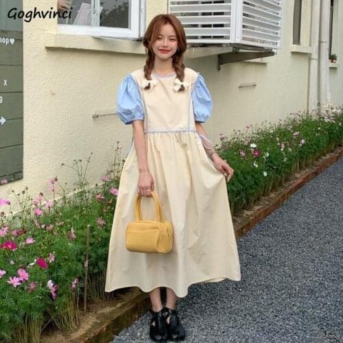 Summer Short Puff Sleeve Dresses Women Bow Sweet Dress Korean Stylish Sweetwear Loose Simple Patchwork Retro Vintage Trendy Chic