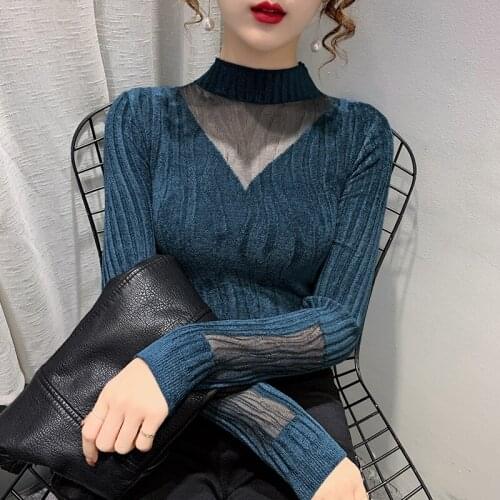 Patchwork Lace Sexy Autumn Winter Basic Shirts Tops Knitted Sweaters 2021 New Korea Fashion Women Casual Spring Pullover Sweater