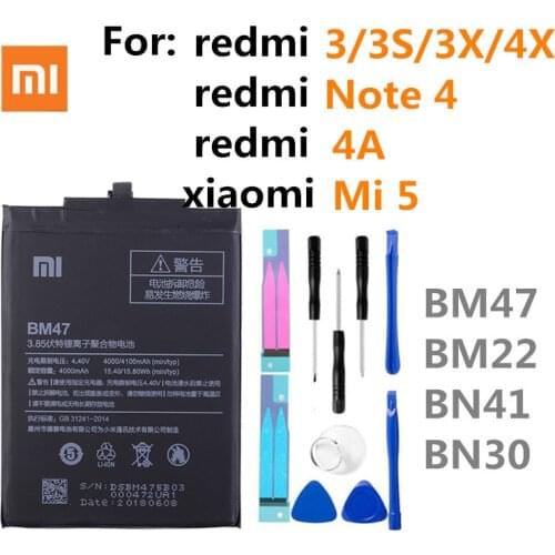 Original xiaomi battery for xiaomi redmi BM47/BM22/BN41/BN30 .redmi 3/3s/3x/4x/note4/4A.Xiaomi 5 battery + tools