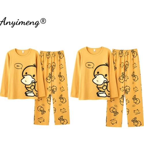 Autumn Winter Cotton Sleepwear Man and Women Matching Pajamas Long Sleeved Pullover Cartoon Printing Couples Loungewear Fashion
