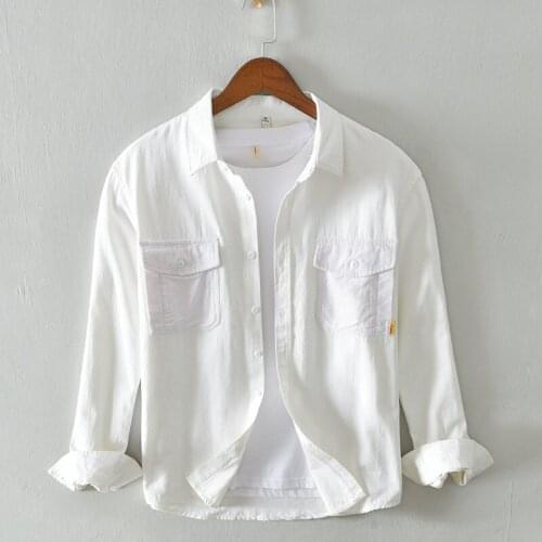 Autumn mens cotton casual shirt Japanese style loose lapel pocket decoration soft and comfortable solid color long sleeve shirt