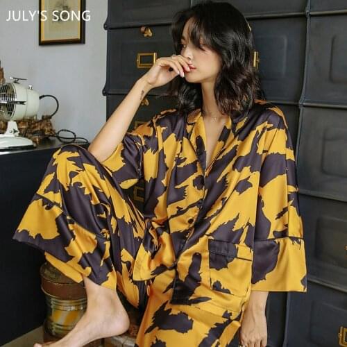 JULYS SONG Pajamas Set Ice Silk Women 2 Pieces Gold Printing Spring Autumn Sleepwear Casual Loose Lapel Trousers Homewear