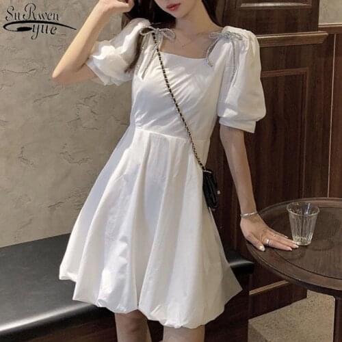 Fairy Dress Summer Mini Dress White Black Puff Sleeve Bows Chiffon Dress Japan Style Kawaii Elegant Vintage Party Dress 14556