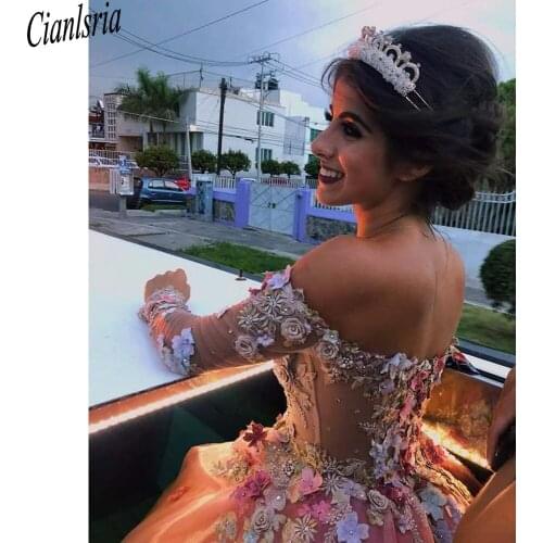 Excellent Pink Tulle Off The Shoulder Embroidery Lace Appliques Long Sleeves Vestidos Quinceañera Dresses Vestidos De Graduación