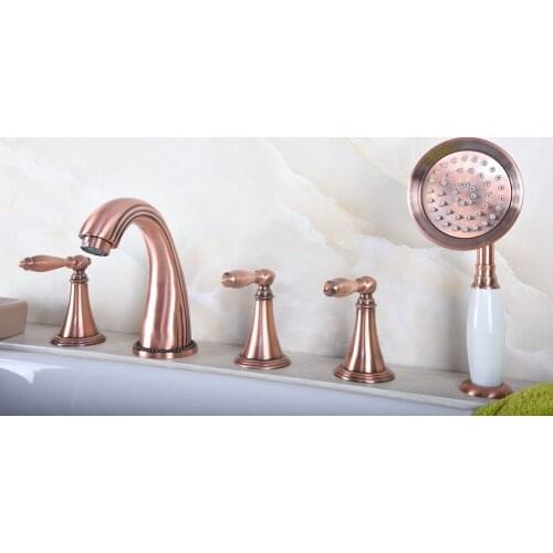 Antique Red Copper Brass Widespread Three Handles Deck Mounted 5 Holes Bathroom Tub Faucet Mixer Tap With Handshower mtf197