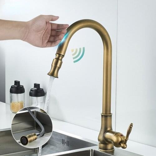Touch Control Kitchen Faucets Pull Out Antqiue Bronze Kitchen Mixer Tap Crane Sensor Faucet Hot Cold Water Kitchen Faucets