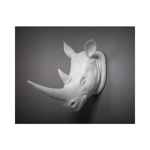 Resin Exotic Rhinoceros Head Ornament White Animal Statues Crafts for Home Hotel Wall Hanging Art Decoration Gift